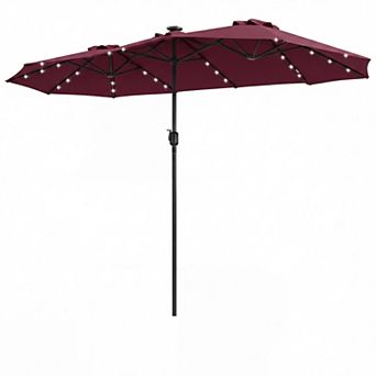 Costway 13 FT Double-Sided Patio Umbrella with Solar Lights, 36 LED Lights, Crank Handle