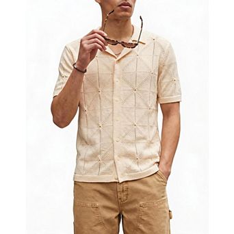 Men’s Hollow Openwork Knit Polo Shirt Short Sleeve Summer Casual Cardigan Top