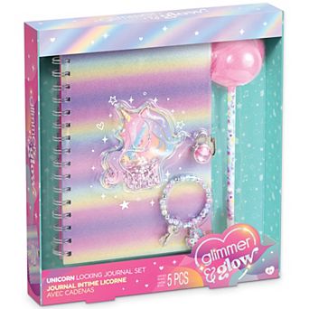 Make It Real Glimmer & Glow Unicorn Locking Journal 5 pc Set with Pom Pom Pen & Charm Bracelet