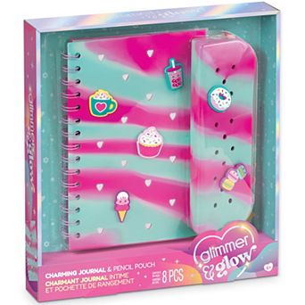 Make It Real Glimmer & Glow 8 pc Charming Journal & Pencil Pouch with Pop-In Charms