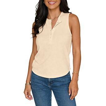 Women's Sleeveless Henley Tank Top Ribbed Button Down Casual Summer Crew Neck Shirt
