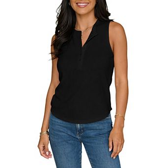 Women's Sleeveless Henley Tank Top Ribbed Button Down Casual Summer Crew Neck Shirt