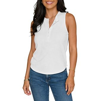 Women's Sleeveless Henley Tank Top Ribbed Button Down Casual Summer Crew Neck Shirt