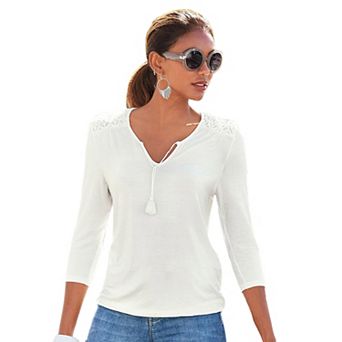 Lascana Women's Crochet Lace 3/4 Sleeve Top