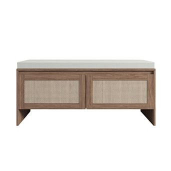 Merax Rattan Storage Bench with Cushion, Faux Rattan Shoe Cabinet with 2 Doors