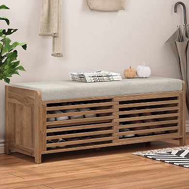 Merax Shoe Bench with Storage and Cushion, Distressed Shutter Storage Bench with Retro Charm