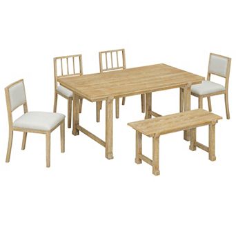 Merax 6 pc Farmhouse Dining Set for 6 Solid Wood Frame & Legs, Ergonomic Dual-Style Chairs