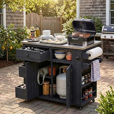 Merax Outdoor Solid Wood Extendable Kitchen Island Stainless Steel BBQ Table with Side Spice Rack