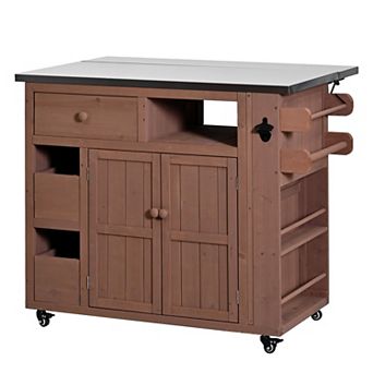 Merax Outdoor Solid Wood Extendable Kitchen Island Stainless Steel BBQ Table with Side Spice Rack