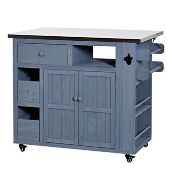 Merax Outdoor Solid Wood Extendable Kitchen Island Stainless Steel BBQ Table with Side Spice Rack