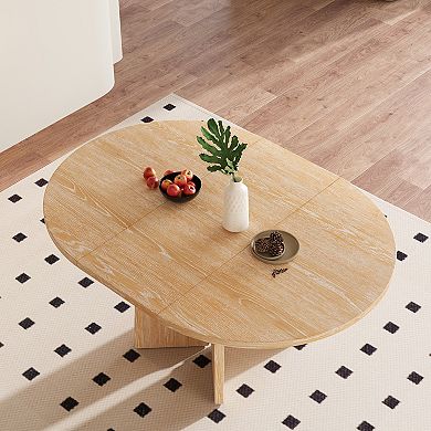 Merax Solid Wood Round Extendable Dining Table with 16-inch Removable Leaf for Kitchen, Dining Room