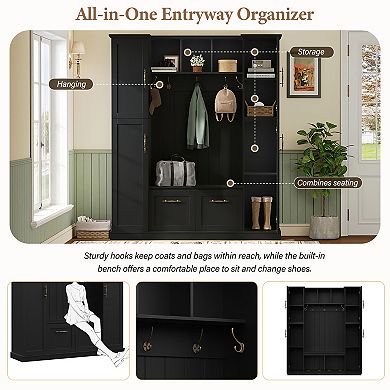 Merax Farmhouse Hall Tree with 4 Cabinets, Adjustable Shelves & 5 Hooks Entryway Bench