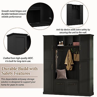 Merax Farmhouse Hall Tree with 4 Cabinets, Adjustable Shelves & 5 Hooks Entryway Bench