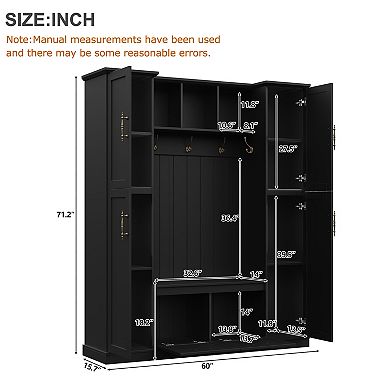 Merax Farmhouse Hall Tree with 4 Cabinets, Adjustable Shelves & 5 Hooks Entryway Bench