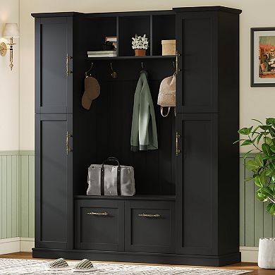 Merax Farmhouse Hall Tree with 4 Cabinets, Adjustable Shelves & 5 Hooks Entryway Bench
