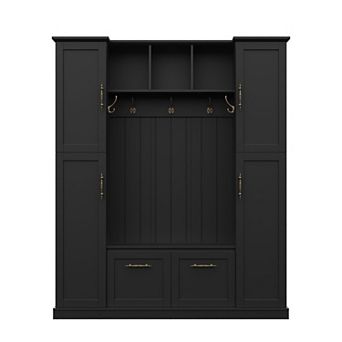 Merax Farmhouse Hall Tree with 4 Cabinets, Adjustable Shelves & 5 Hooks Entryway Bench