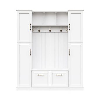 Merax Farmhouse Hall Tree with 4 Cabinets, Adjustable Shelves & 5 Hooks Entryway Bench