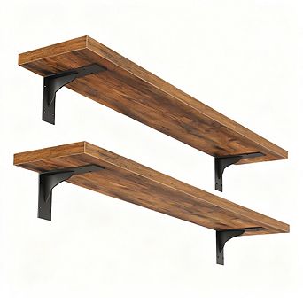 Floating Wall Shelves Set of 2 31.5" Wooden with Metal Brackets Rustic Brown Black Storage
