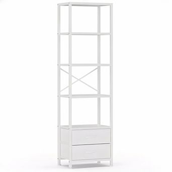 5 tier Corner Shelf Narrow Bookshelf With 2 Drawers Tall Wood Display Organizer Metal Frame
