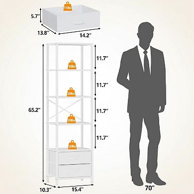 5-Tier Corner Shelf Narrow Bookshelf With 2 Drawers Tall Wood Display Organizer Metal Frame