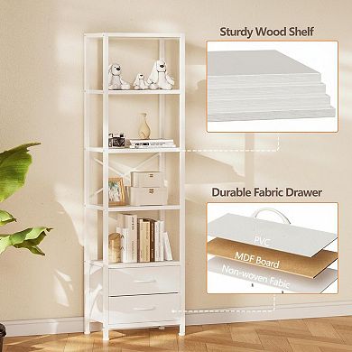 5-Tier Corner Shelf Narrow Bookshelf With 2 Drawers Tall Wood Display Organizer Metal Frame
