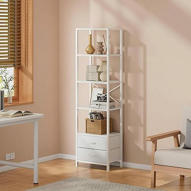 5-Tier Corner Shelf Narrow Bookshelf With 2 Drawers Tall Wood Display Organizer Metal Frame