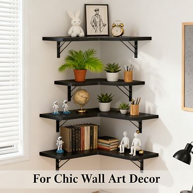 4 Tier Black Rustic Wood Corner Floating Shelves Wall Mounted Storage Display