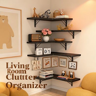 4 Tier Black Rustic Wood Corner Floating Shelves Wall Mounted Storage Display