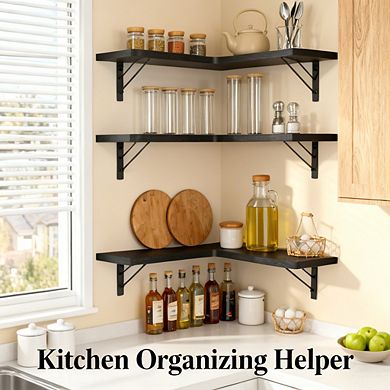 4 Tier Black Rustic Wood Corner Floating Shelves Wall Mounted Storage Display