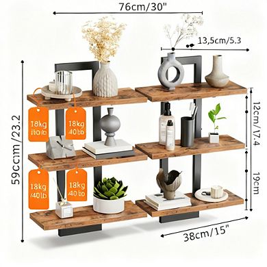 3-Tier Floating Shelves Set of 2 Wall Mounted Storage Rustic Brown Black