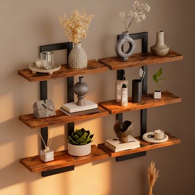 3-Tier Floating Shelves Set of 2 Wall Mounted Storage Rustic Brown Black