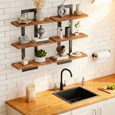 3-Tier Floating Shelves Set of 2 Wall Mounted Storage Rustic Brown Black