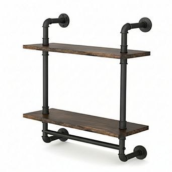 2 tier Industrial Pipe Floating Shelves Wall Mounted Rustic Wood Towel Bar Bathroom Kitchen