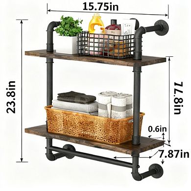 2 Tier Industrial Pipe Floating Shelves Wall Mounted Rustic Wood Towel Bar Bathroom Kitchen