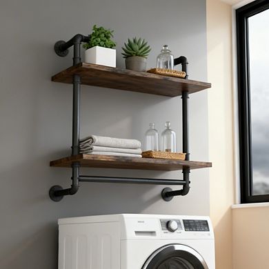 2 Tier Industrial Pipe Floating Shelves Wall Mounted Rustic Wood Towel Bar Bathroom Kitchen