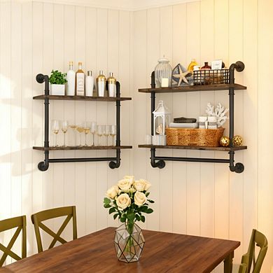 2 Tier Industrial Pipe Floating Shelves Wall Mounted Rustic Wood Towel Bar Bathroom Kitchen