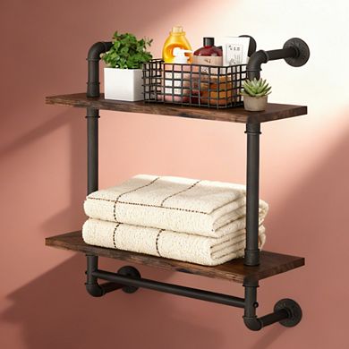 2 Tier Industrial Pipe Floating Shelves Wall Mounted Rustic Wood Towel Bar Bathroom Kitchen