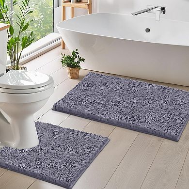 2 Piece Bathroom Rug Set Soft Absorbent Chenille Microfiber Non-slip Machine Washable Plush Mats