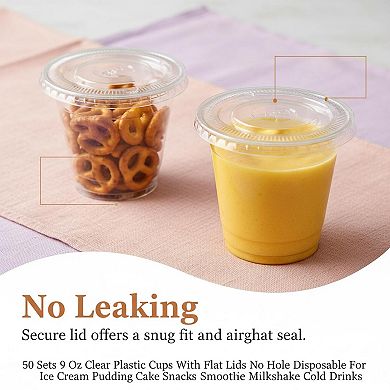 50 Sets 9 Oz Clear Plastic Cups Flat Lids Disposable Ice Cream Pudding Cold Drinks