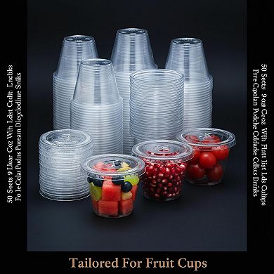 50 Sets 9 Oz Clear Plastic Cups Flat Lids Disposable Ice Cream Pudding Cold Drinks