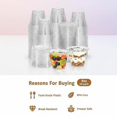 50 Sets 9 Oz Clear Plastic Cups Flat Lids Disposable Ice Cream Pudding Cold Drinks
