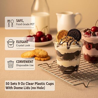 50 Sets 9Oz Clear Plastic Cups Dome Lids Disposable Dessert Parfait Ice Cream Pudding Jello Shot