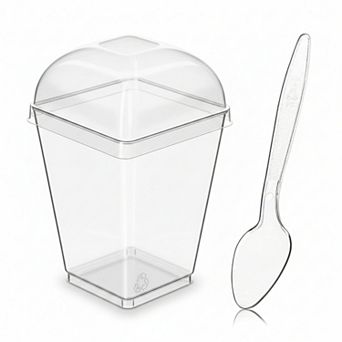 50 Pack 5oz Clear Plastic Dessert Cups with Lids Spoons Square Parfait Appetizer Party Serving Cups