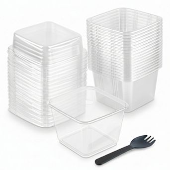 50 Pack 8oz Square Plastic Dessert Cups Lids Sporks Disposable Fruit Pudding Mousse Containers