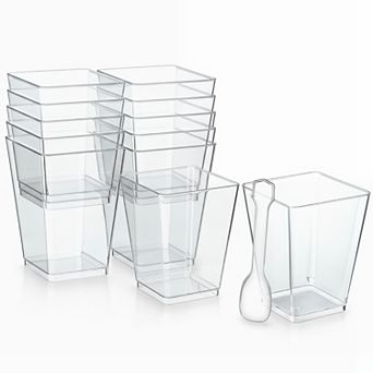 5 Oz Plastic Dessert Cups 50 Pack with Spoons Clear Square Parfait Appetizers Mousse Yogurt