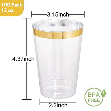 100 Pack 12 Oz Disposable Plastic Cups Golden Rim Tumblers for Party Wedding