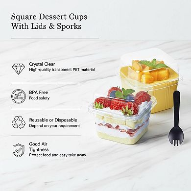 50ct 8oz Square Plastic Dessert Cups with Lids Sporks Clear Yogurt Parfait Mousse Fruit Pudding