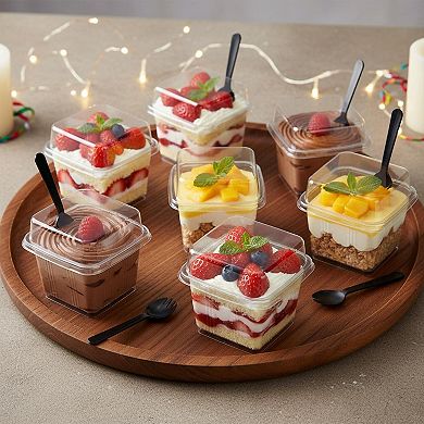 50ct 8oz Square Plastic Dessert Cups with Lids Sporks Clear Yogurt Parfait Mousse Fruit Pudding