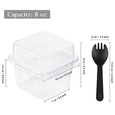 50ct 8oz Square Plastic Dessert Cups with Lids Sporks Clear Yogurt Parfait Mousse Fruit Pudding