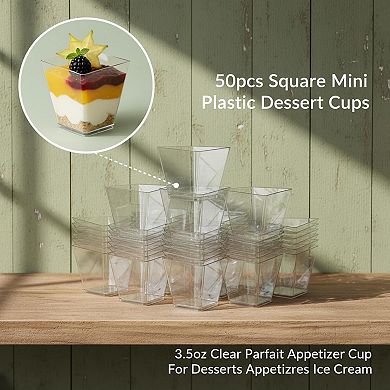 50pcs Square Mini Plastic Dessert Cups 3.5oz Clear Parfait Cups for Desserts Appetizers Ice Cream